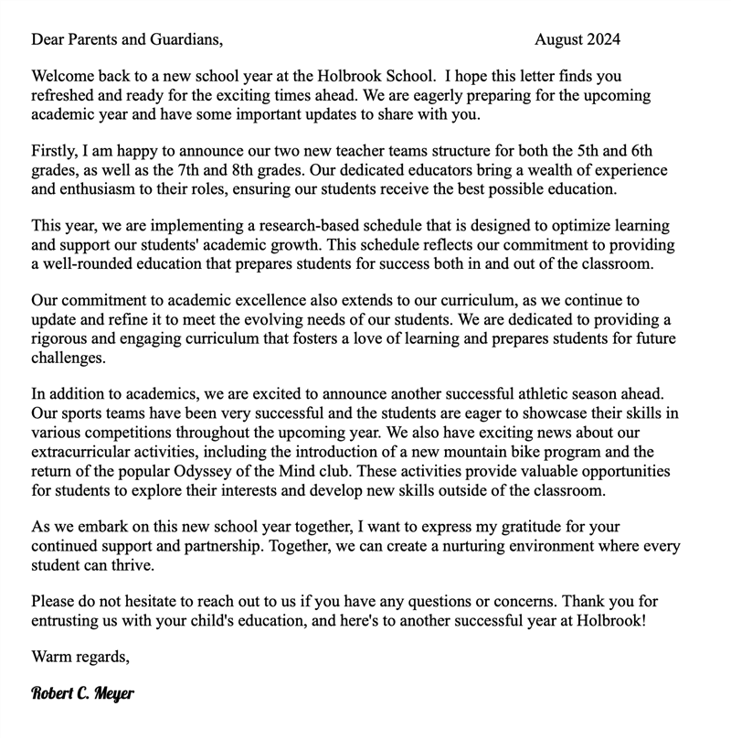 Holbrook Parent Letter